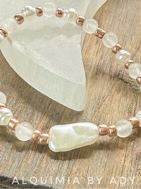 6mm Selenite beaded handmade  bracelet with pearl accents and rose gold